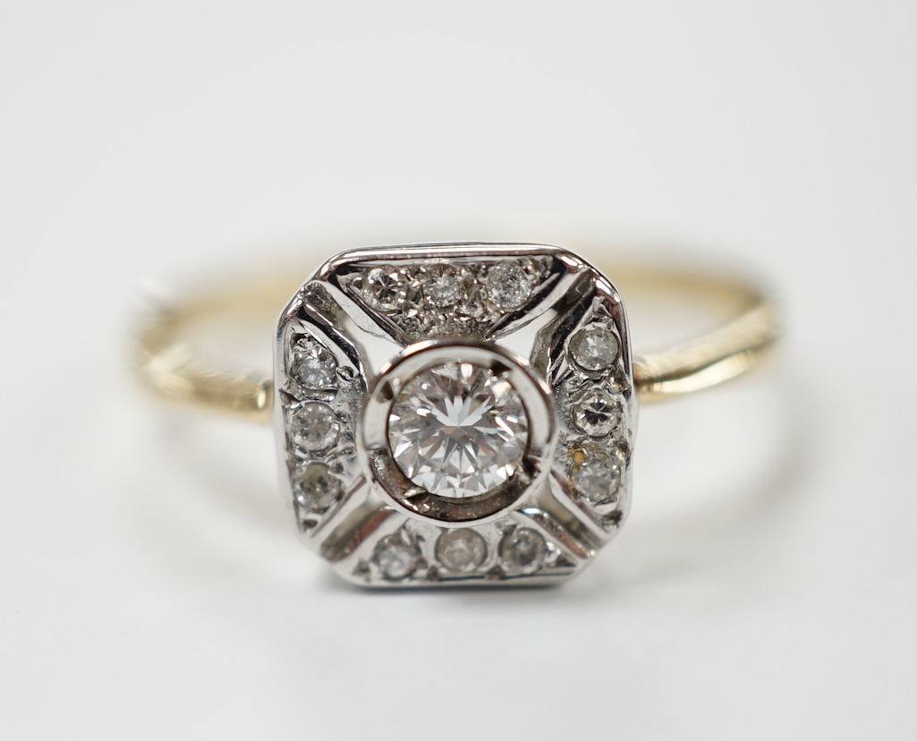 A modern 1920's style 9ct gold and diamond set cluster ring, size P, gross weight 2.6 grams. Condition - fair to good